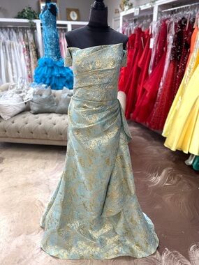 Alyce Paris One-Shoulder Metallic Blue and Gold Evening Gown